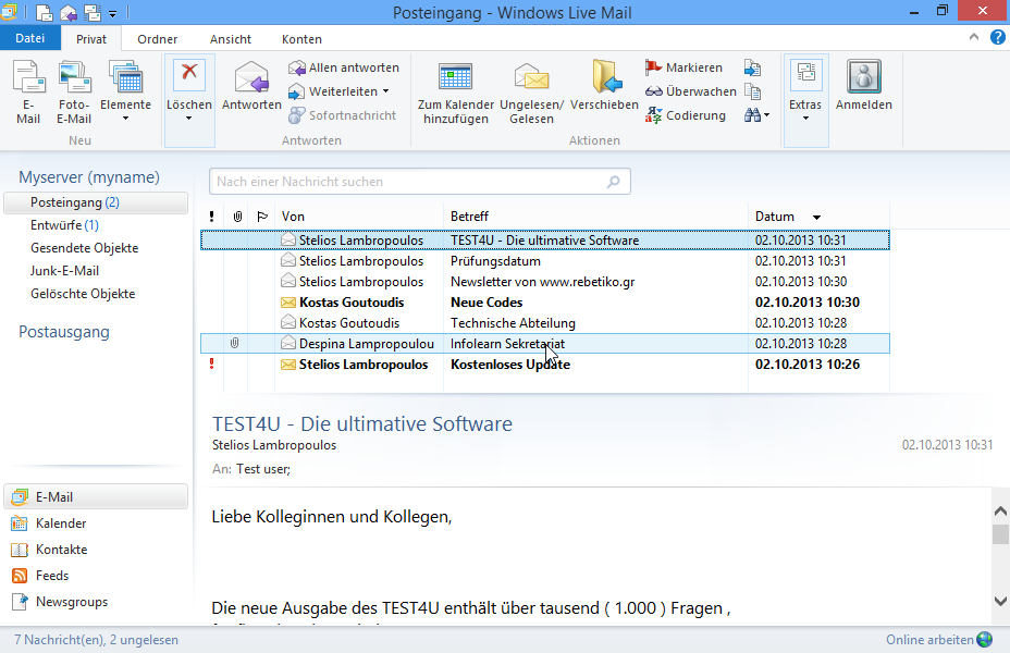 Entfernen Sie die angehängte Datei der Nachricht mit dem Betreff Übungen, die sich im Ordner Entwürfe befindet; Senden Sie dann die Nachricht an die E-Mail-Adresse test@infolearn.gr ab. 