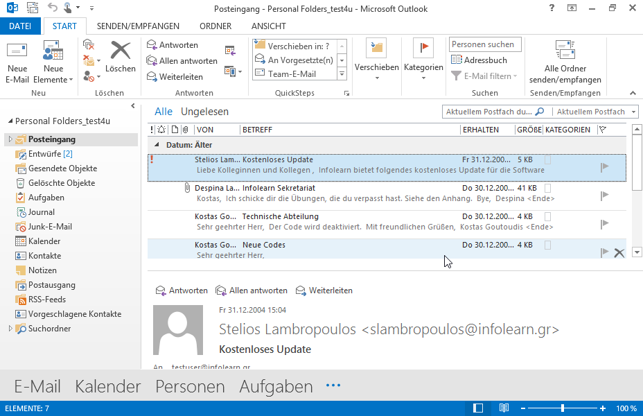 Entfernen Sie die angehängte Datei der Nachricht mit dem Betreff Übungen, die sich im Ordner Entwürfe befindet. Senden Sie dann die Nachricht an die E-Mail-Adresse test@infolearn.gr ab. Entfernen Sie die angehängte Datei der Nachricht mit dem Betreff Übungen, die sich im Ordner Entwürfe befindet. Senden Sie dann die Nachricht an die E-Mail-Adresse test@infolearn.gr ab.