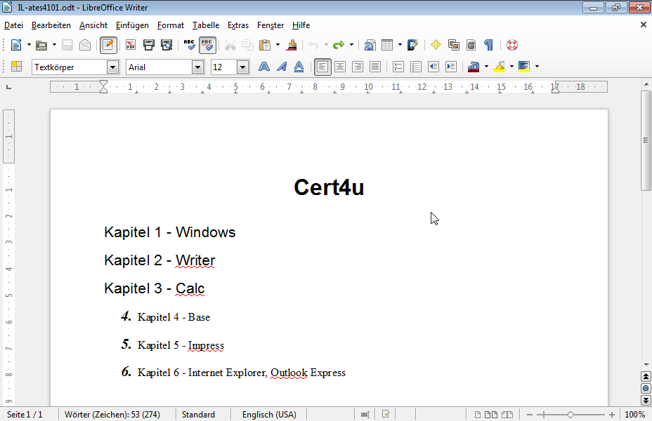 Erstellen Sie eine nummerierte Gliederung von Kapitel A bis Kapitel C und zwar so, dass der Text Kapitel A auf der ersten Ebene, der Text Autocad 2D bis Autocad 3D auf der zweiten Ebene und der Text Kapitel B bis Kapitel C auf der ersten Ebene liegt. Ändern Sie dann die Formatierung, so dass auf der ersten Ebene als Nummer die großen lateinischen Zahlen z.B. I), II), III) und ein rechtes Klammerzeichen, während auf der zweiten Ebene die kleinen lateinischen Zahlen z.B. i), ii), iii) und ein rechtes Klammerzeichen verwendet werden. 