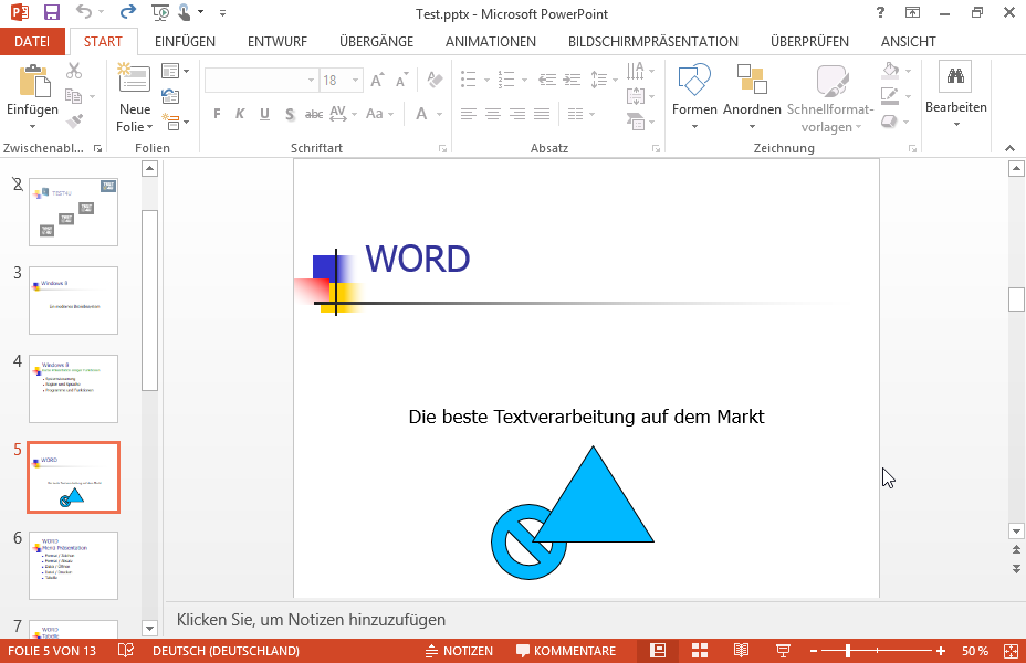 Fügen Sie das Wort Dreieck als Text ins dreieckige Zeichnungsobjekt der fünften Folie ein. 