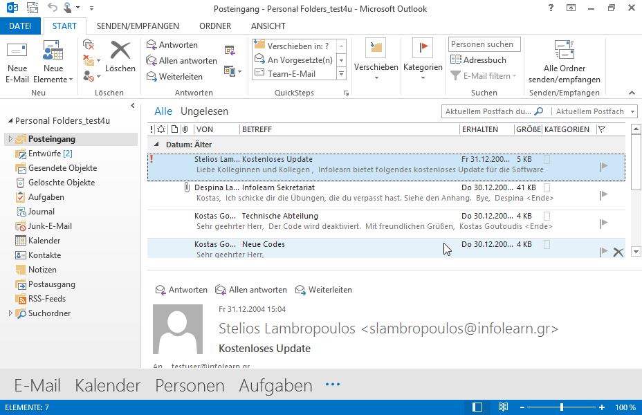 Fügen Sie den Absender mit dem Namen Kostas Goutoudis über die E-Mail mit dem Betreff Technische Abteilung, die sich im Ordner Posteingang befindet, in die Kontaktliste ein. Fügen Sie den Absender mit dem Namen Kostas Goutoudis über die E-Mail mit dem Betreff Technische Abteilung, die sich im Ordner Posteingang befindet, in die Kontaktliste ein.