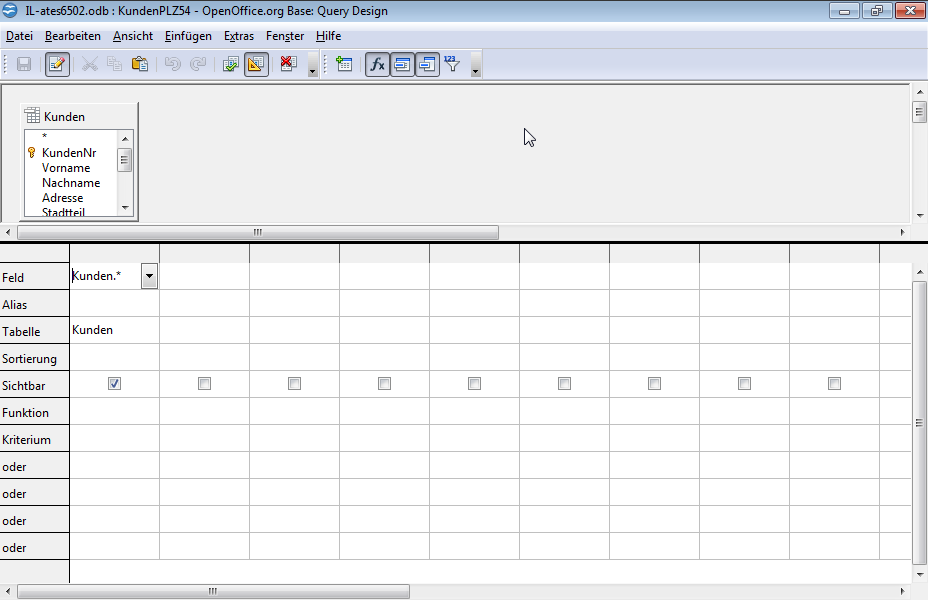 Fügen Sie die entsprechenden Kriterien in die aktuelle Abfrage ein, so dass nur die Kunden, deren PLZ mit 54 beginnt, angezeigt werden. Speichern und schließen Sie die Abfrage. 