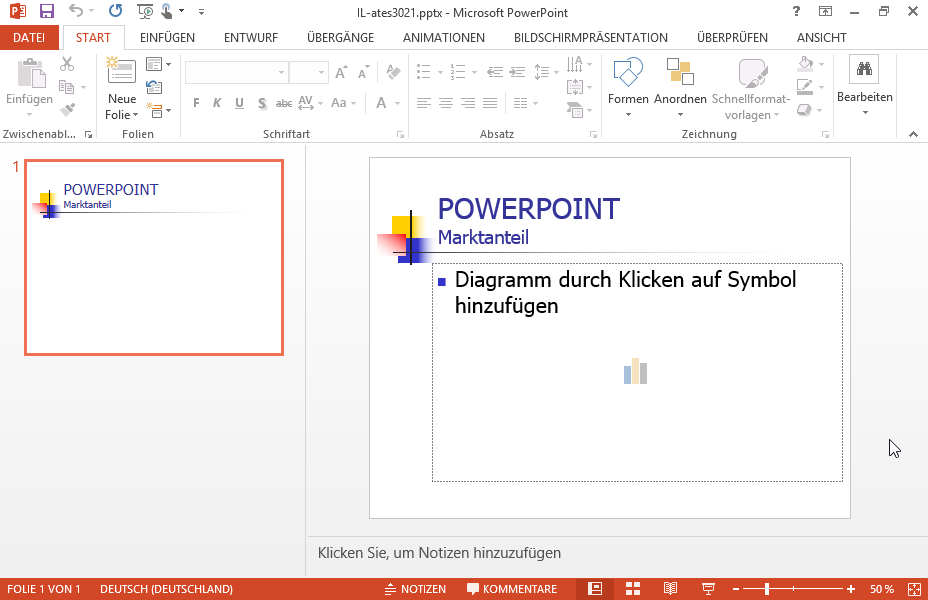 Fügen Sie eine gruppierte Säule mit den Standardeinstellungen in die aktuelle Folie ein, die folgende Daten anzeigen soll:
               PowerPoint     Andere2002      80%               20%2003      90%               10% 