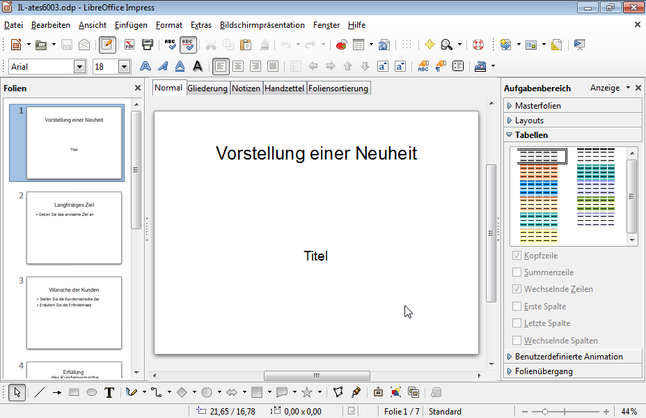 Fügen Sie in die Fußzeile aller Präsentationsfolien den Text LibreOffice ein. 