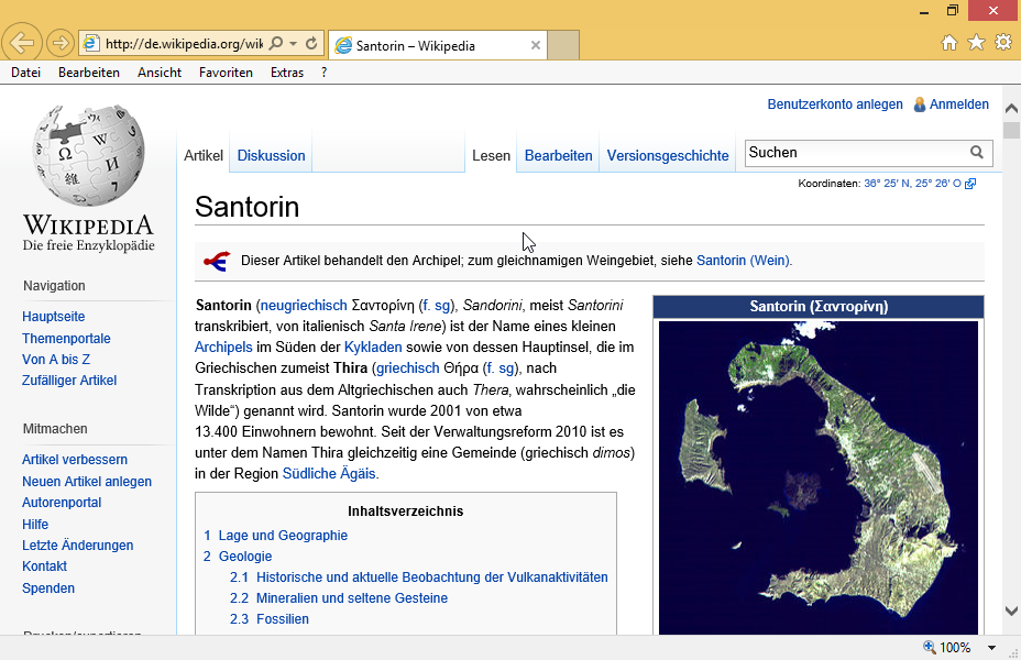 Klicken Sie auf das Bild der Insel Santorin. Speichern Sie dann das Bild in 744 x 768 Pixel im Ordner TEST4U_IE, der sich auf dem Desktop befindet.