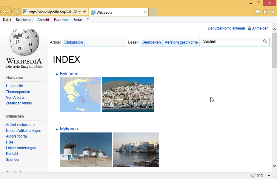 Klicken Sie auf den Mykonos-Link. Speichern Sie dann das Bild der Panagia-Paraportani-Kirche unter dem Namen panagia.jpg im Ordner TEST4U_IE, der sich auf dem Desktop befindet. Klicken Sie auf den Mykonos-Link. Speichern Sie dann das Bild der Panagia-Paraportani-Kirche unter dem Namen panagia.jpg im Ordner TEST4U_IE, der sich auf dem Desktop befindet.