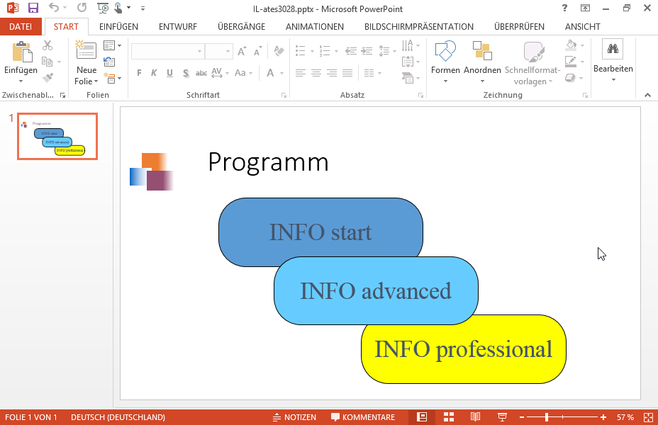 Positionieren Sie das Zeichnungsobjekt mit dem Text INFO professional vor dem Zeichnungsobjekt mit dem Text INFO advanced. Positionieren Sie das Zeichnungsobjekt mit dem Text INFO professional vor dem Zeichnungsobjekt mit dem Text INFO advanced.
