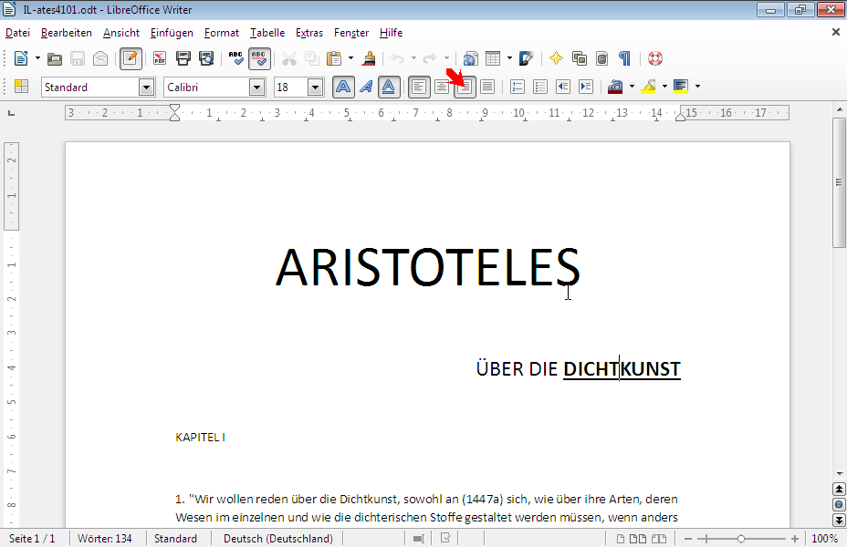 Richten Sie den Absatz der mit dem Text ÜBER DIE DICHTKUNST beginnt, rechts aus. Richten Sie den Absatz der mit dem Text ÜBER DIE DICHTKUNST beginnt, rechts aus.
