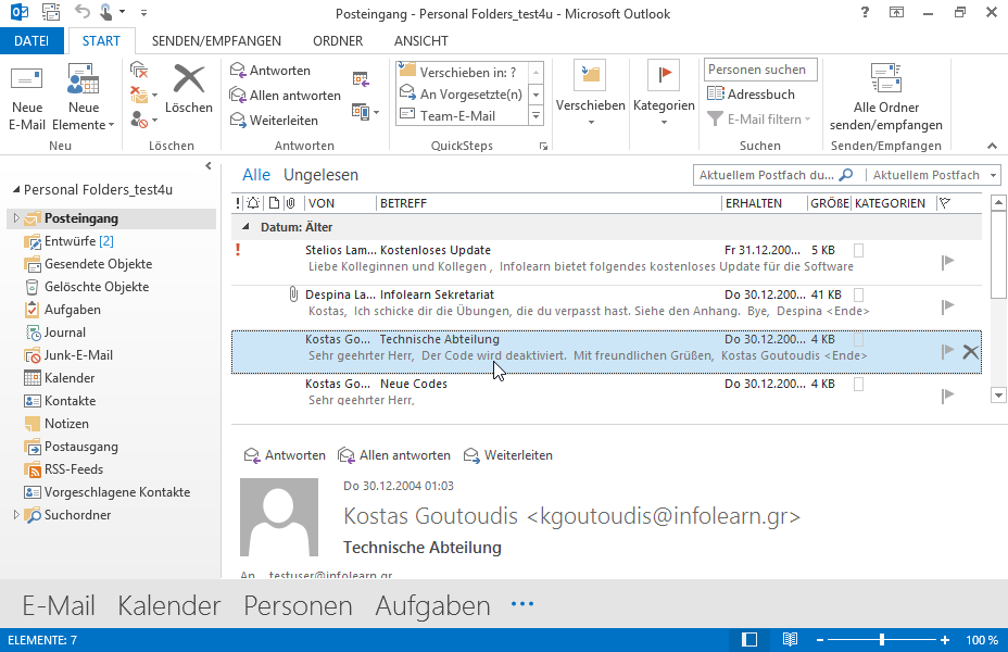 Speichern Sie die Nachricht mit dem Betreff Kostenloses Update, die sich im Ordner Posteingang befindet, als Outlook-Nachrichtenformat (*.msg) Datei im Ordner TEST4UFolder vom Desktop unter dem Namen Kostenloses Update ab. 