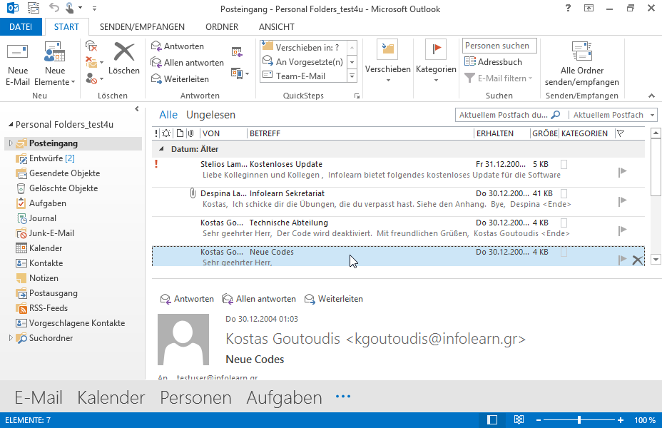 Speichern Sie die Nachricht mit dem Betreff Kostenloses Update, die sich im Ordner Posteingang befindet, als Nur-Text(*.txt) Datei im Ordner TEST4UFolder vom Desktop unter dem Namen Kostenloses Update ab. Speichern Sie die Nachricht mit dem Betreff Kostenloses Update, die sich im Ordner Posteingang befindet, als Nur-Text(*.txt) Datei im Ordner TEST4UFolder vom Desktop unter dem Namen Kostenloses Update ab.
