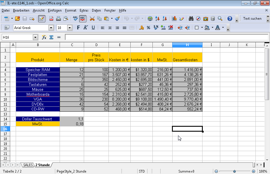 Speichern Sie die aktive Arbeitsmappe (Tabellendokument) als MS Excel 95(*.xls) unter dem Namen meinBuch95 im Ordner IL-ates\OO_Calc auf dem Desktop. 