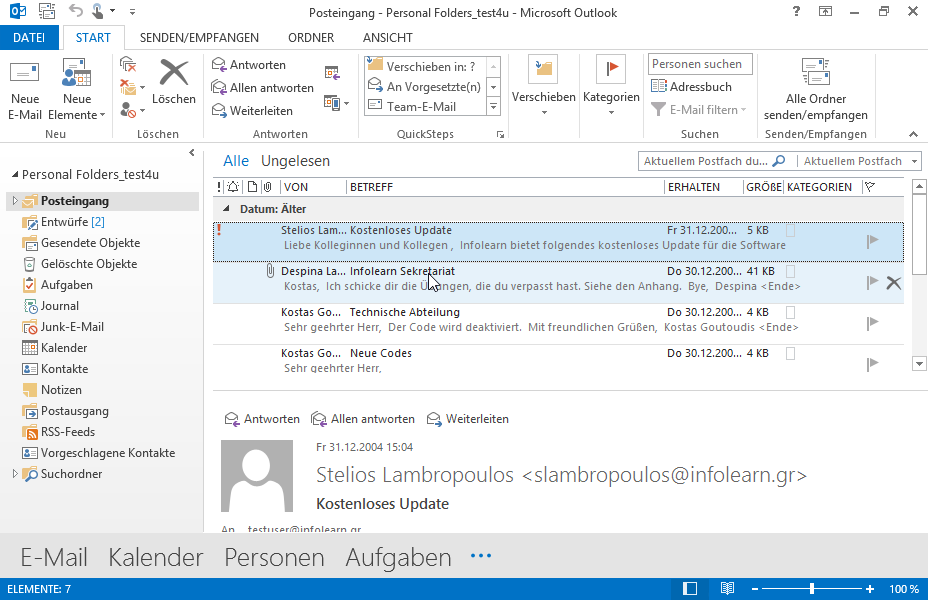 Verfassen und senden Sie eine neue Nachricht an Stelios Lambropoulos mit dem Betreff Datei einfügen. Fügen Sie den Text aus der Datei text.txt vom Ordner TEST4UFolder ein, der sich auf dem Desktop befindet. 
