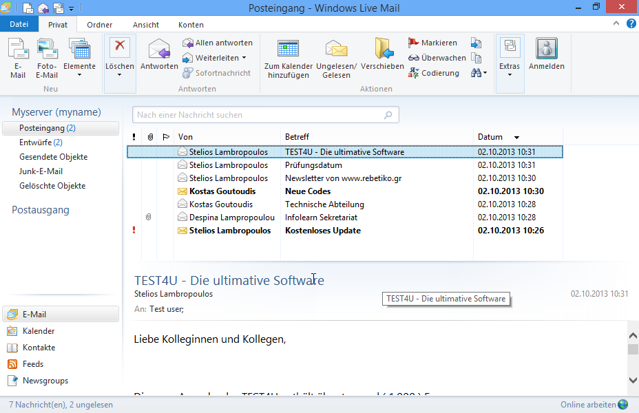 Verfassen und senden Sie eine neue Nachricht an kostas@myserver.gr mit dem Betreff Hello und den Text Hello World ab. 