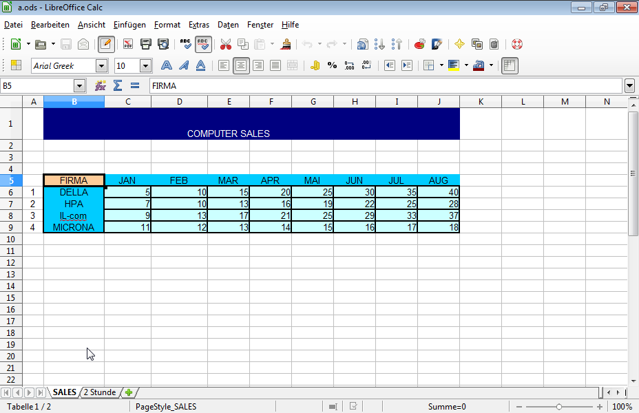 Verschieben Sie das Arbeitsblatt (Tabelle) SALES der Datei a, so dass es als erstes in der bereits geöffneten Datei b angezeigt wird. 