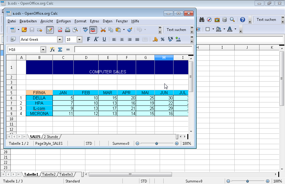 Verschieben Sie das Arbeitsblatt (Tabelle) SALES der Datei a, so dass es als erstes in der bereits geöffneten Datei b angezeigt wird. 