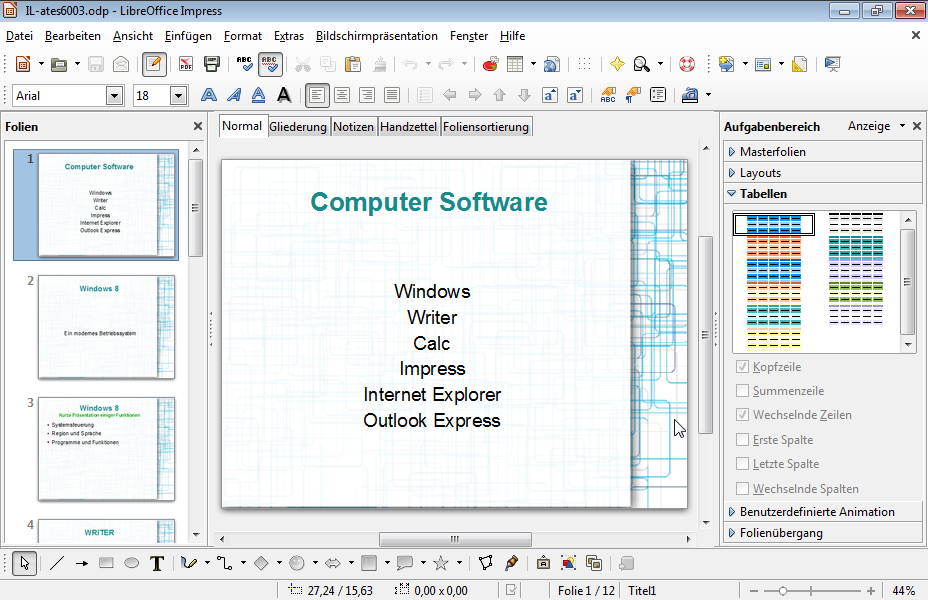 Verschieben Sie die Folie mit dem Titel Computer Software an die letzte Stelle der Präsentation. 