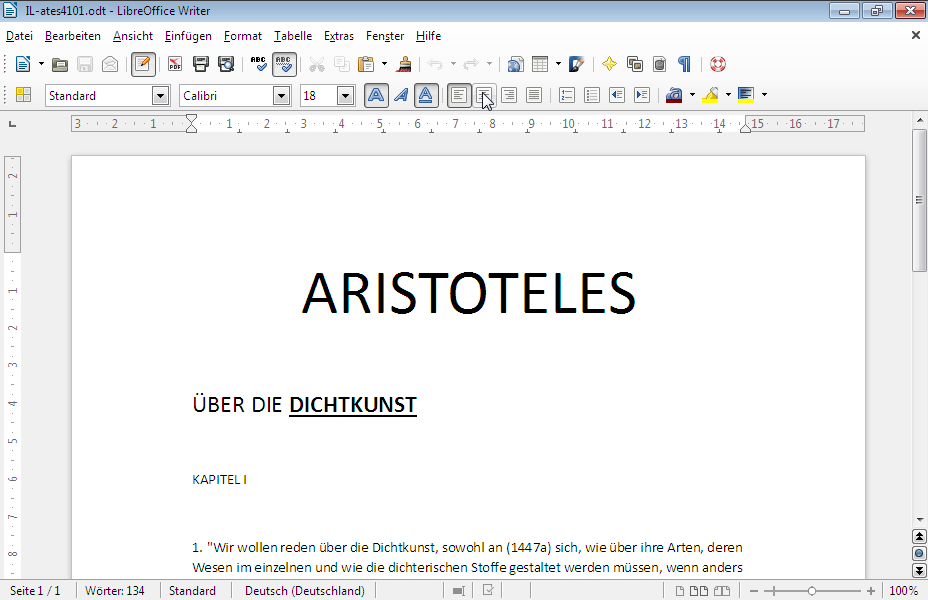 Richten Sie den Absatz der mit dem Text ÜBER DIE DICHTKUNST beginnt, zentriert aus. Richten Sie den Absatz der mit dem Text ÜBER DIE DICHTKUNST beginnt, zentriert aus.