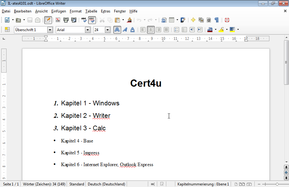 Ändern Sie das Zahlenformat im Text Kapitel 1 bis Kapitel 3 auf I, II, III. 