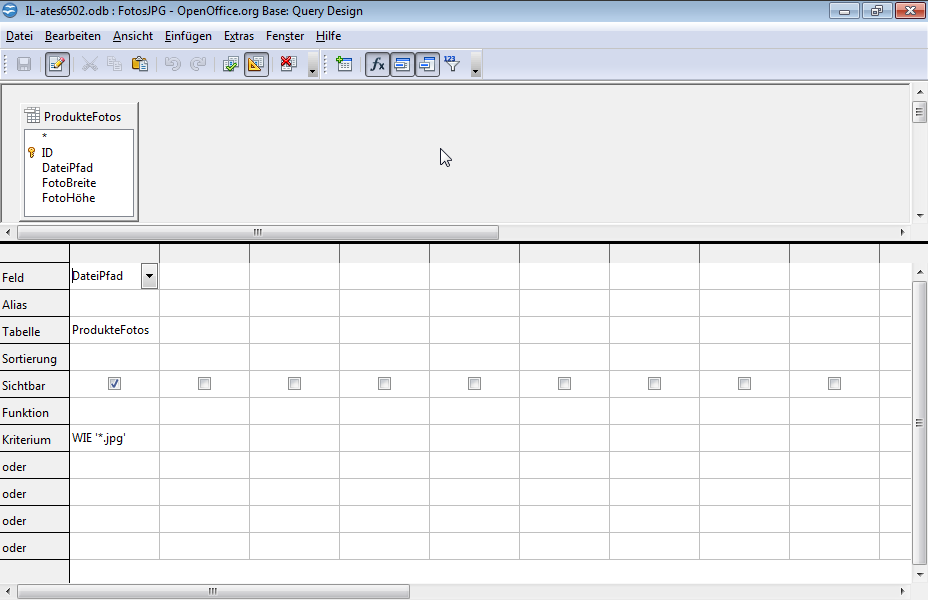 Ändern Sie die Abfrage FotosJPG, damit sie die .gif-Dateien statt der .jpg-Dateien anzeigt. Speichern und schließen Sie die Abfrage. 