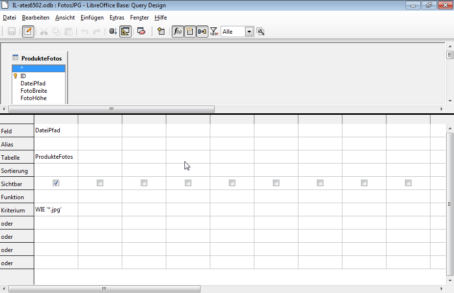 Ändern Sie die Abfrage FotosJPG, damit sie die .gif-Dateien statt der .jpg-Dateien anzeigt. Speichern und schließen Sie die Abfrage. 