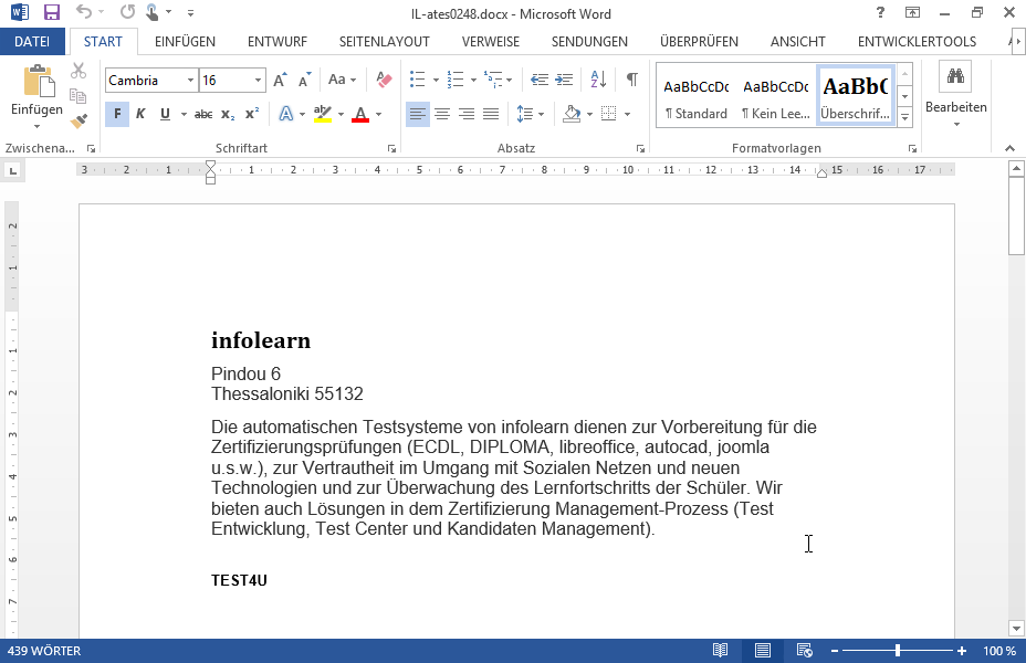 Ändern Sie die Dimensionen des Bildes am Ende des Dokuments auf 5 cm (Höhe) und 15 cm (Breite). 