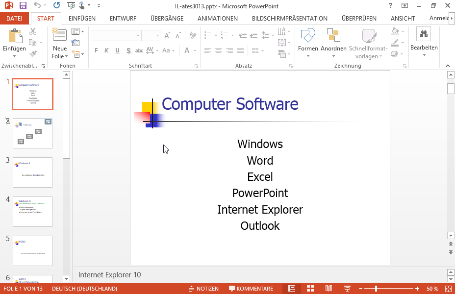 Ändern Sie im Textfeld der ersten Folie das Wort Word auf Textverarbeitung und das Wort Excel auf Kalkulationstabellen.