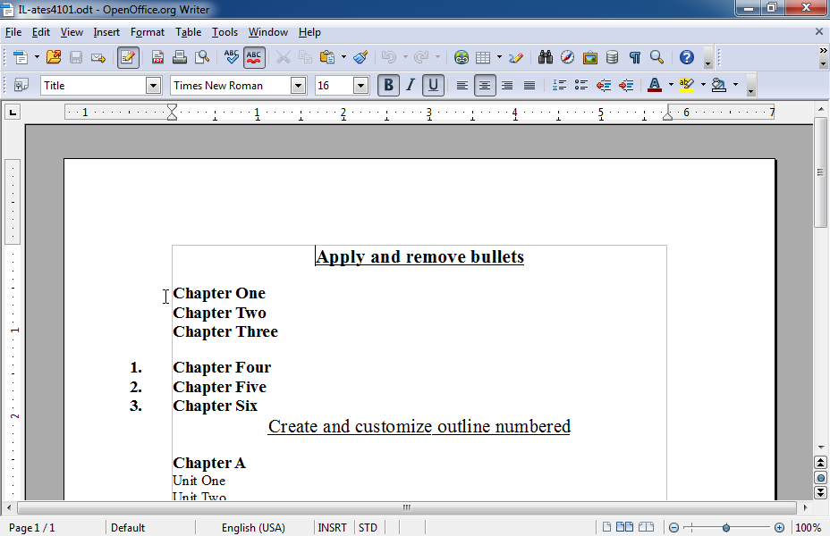 Apply bullets to the text Chapter One to Chapter Three. Use the symbol  (it is in the font Windings, the ninth symbol in the first line). 
The bullet should be 18pt size and red color.