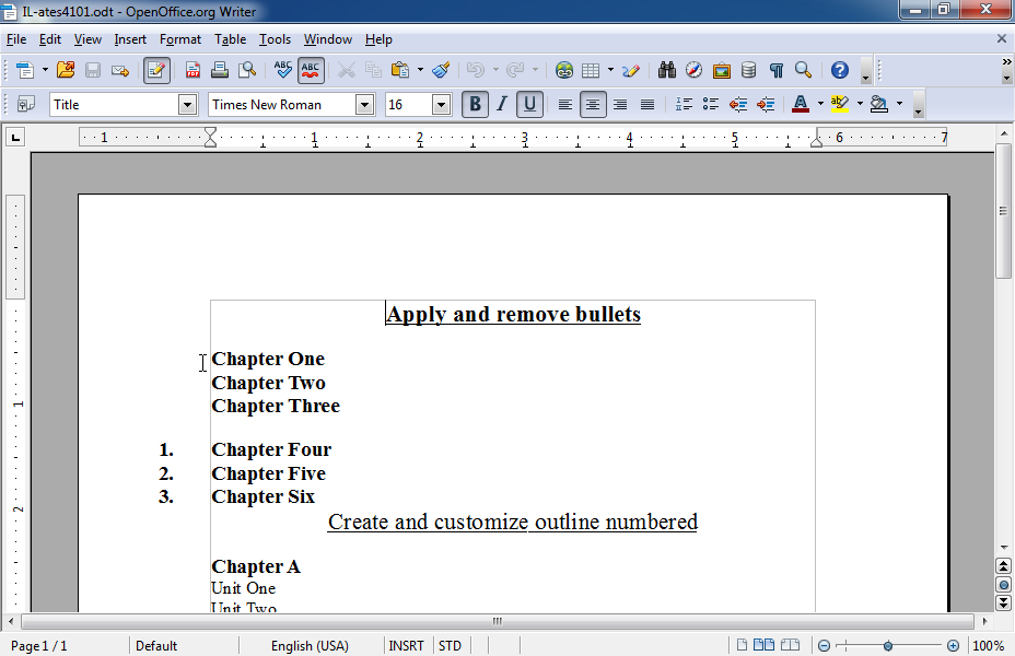 Apply bullets to the text Chapter One to Chapter Three. Use the symbol (it is in the font Windings, the ninth symbol in the first line).
The bullet should be 18pt size and red color. Apply bullets to the text Chapter One to Chapter Three. Use the symbol (it is in the font Windings, the ninth symbol in the first line).
The bullet should be 18pt size and red color.