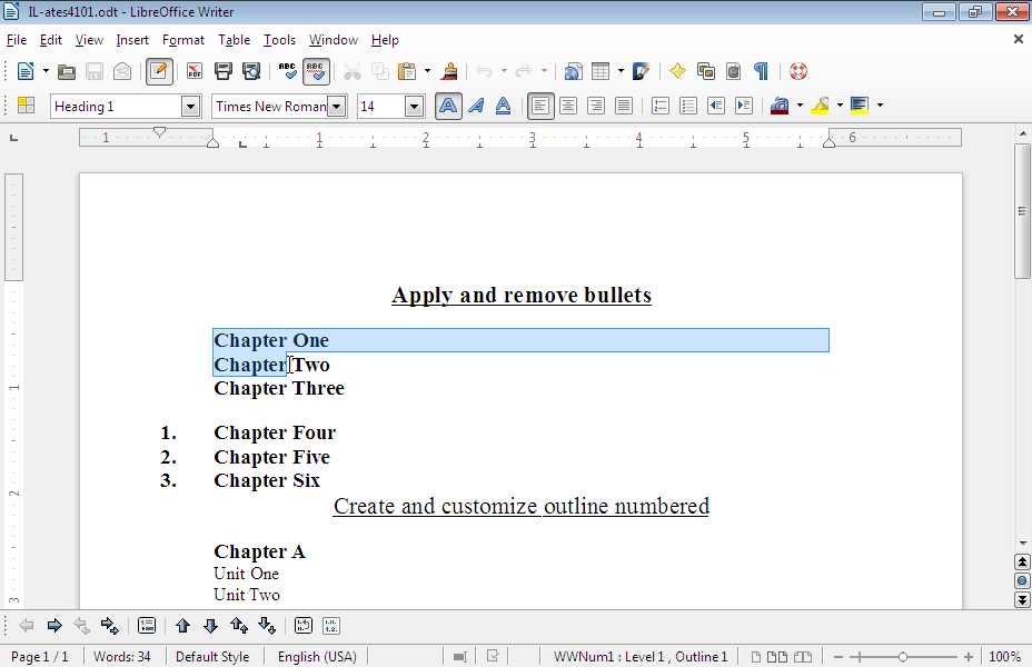 Apply bullets to the text Chapter One to Chapter Three. Use the symbol  (it is in the font Windings, the ninth symbol in the first line). 
The bullet should be 18pt size and red color.