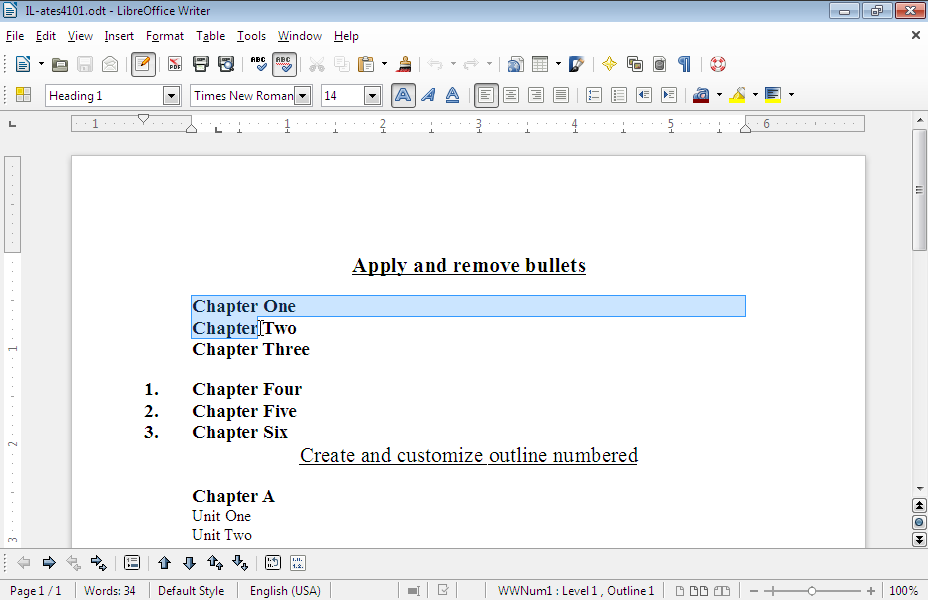 Apply bullets to the text Chapter One to Chapter Three. Use the symbol (it is in the font Windings, the ninth symbol in the first line).
The bullet should be 18pt size and red color. Apply bullets to the text Chapter One to Chapter Three. Use the symbol (it is in the font Windings, the ninth symbol in the first line).
The bullet should be 18pt size and red color.