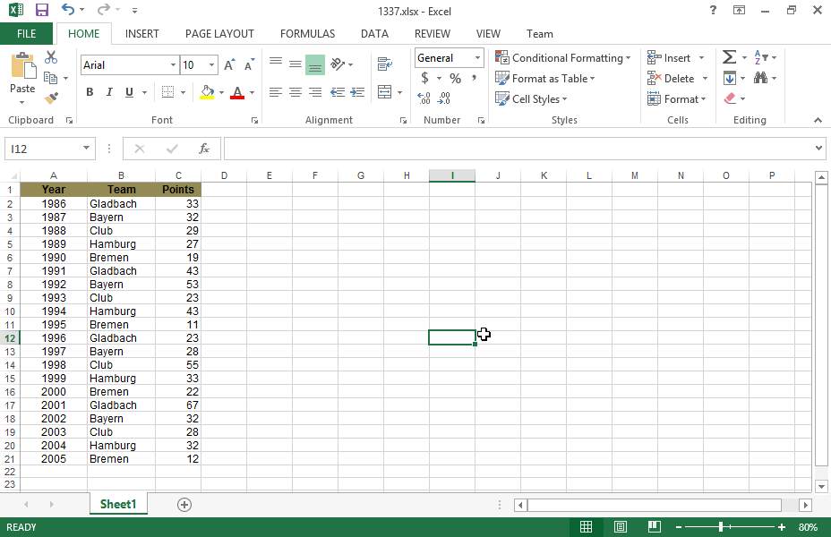 Apply conditional formatting in the cell range C2:C21. Format the teams which have received up to 30 points with red font and the teams which have received 31 or more points with blue font. Apply conditional formatting in the cell range C2:C21. Format the teams which have received up to 30 points with red font and the teams which have received 31 or more points with blue font.
