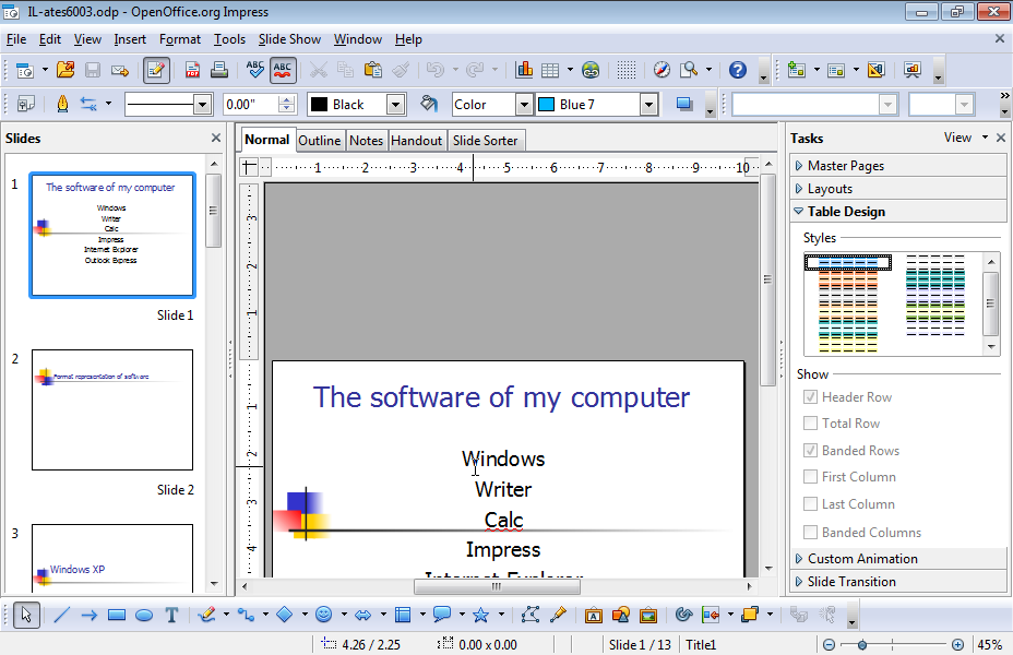 Apply the Checkerboard Down Transition only to the last slide of the presentation with the following features: it should have slow speed, and should appear automatically after 5 seconds without a mouse click.