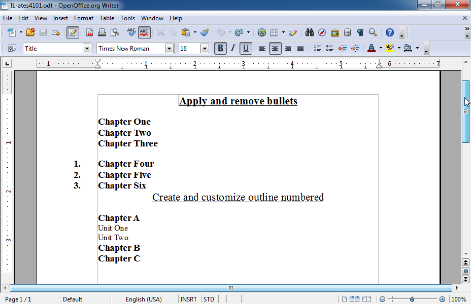 Apply to the text Chapter One to Chapter Three bullets or numbering (with the default values). 
Adjust the text position to 1.3".