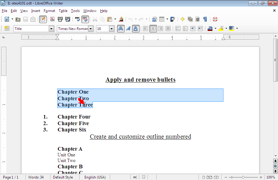 Apply to the text Chapter One to Chapter Three bullets (with the default values). 
Adjust the text position to 1.3".