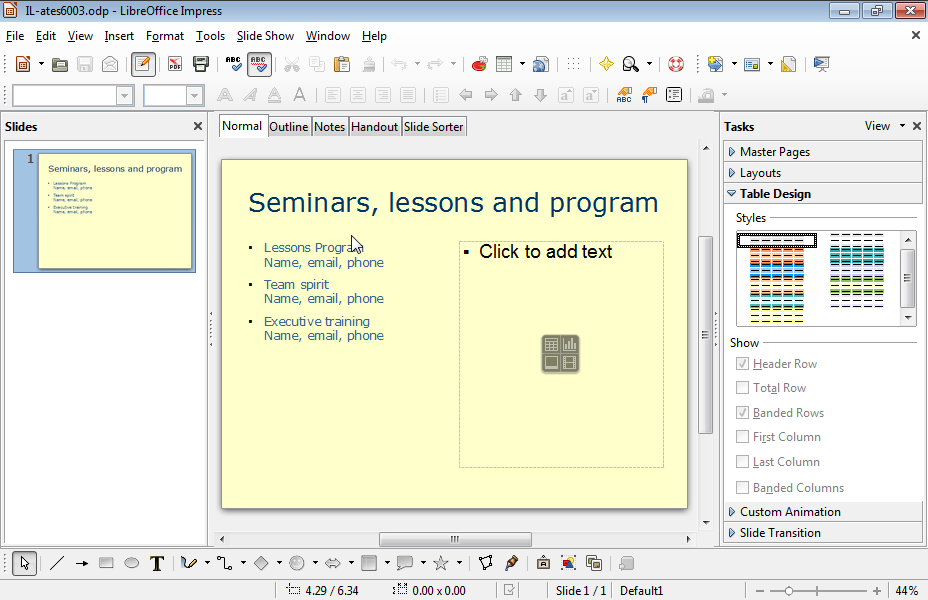 Apply white font color to the word Seminars, black font color to the word lessons and red font color to the word program of the title of the current slide.