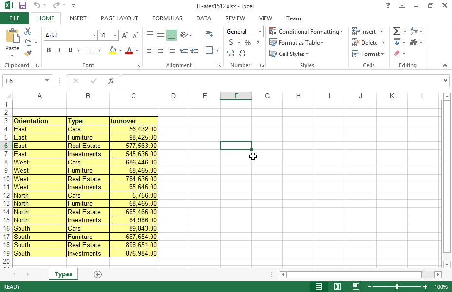 Calculate subtotals in the column Turnover at each change in Orientation. Display the Summary below data.