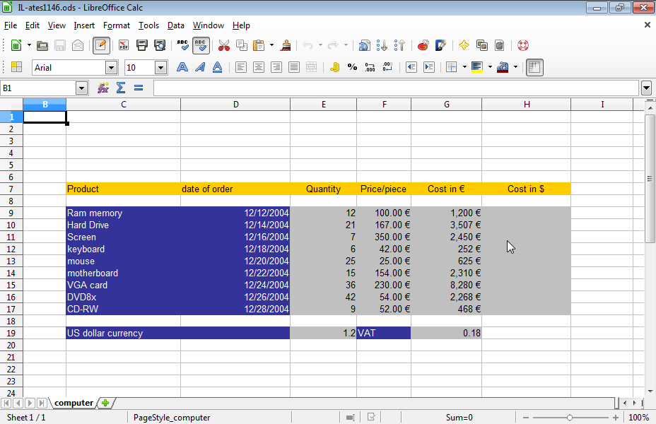 Cell G9 displays the cost of the RAM memory in euros. Calculate the cost of the RAM memory in dollars in cell H9 taking into account the euro to dollar exchange rate displayed in cell E19. Then reproduce the formula in the cell range H10:H17.