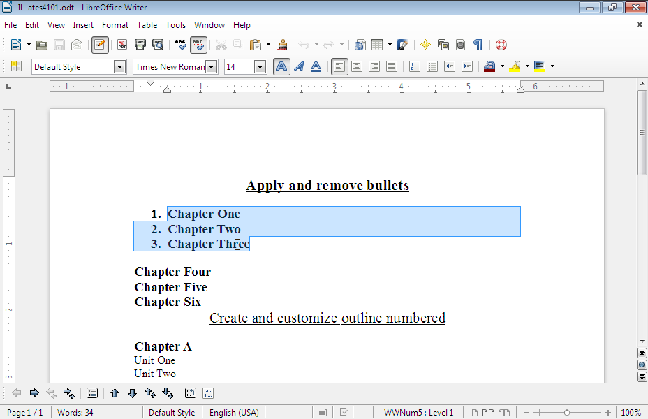 Change numbering format of the text Chapter One to Chapter Three to I, II, III