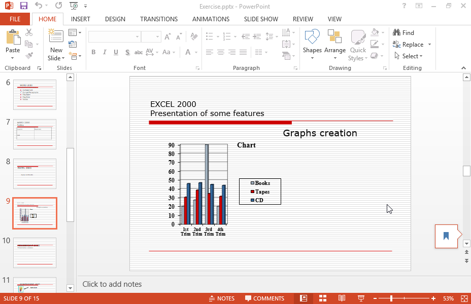 Change the chart title which appears on the slide titled Excel 2000 Presentation of some of its features to Sales.