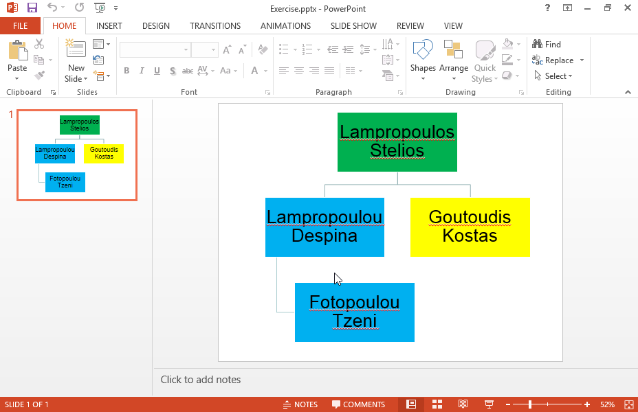 Change the employees structure on the Organization Chart so that Fotopoulou Tzeni is Lampropoulos Stelios’s subordinate.