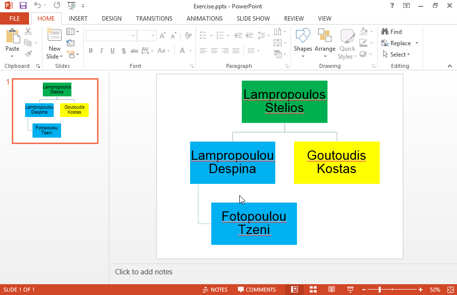 Change the employees structure on the Organization Chart so that Fotopoulou Tzeni is Lampropoulos Stelios’s subordinate. Change the employees structure on the Organization Chart so that Fotopoulou Tzeni is Lampropoulos Stelios’s subordinate.