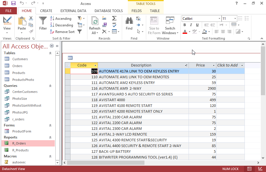 Change the order of the columns as follows, without modifying the table structure:
1st column Description,
2nd column Price, 
3rd column Code.
Save and close the table.