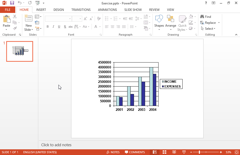 Change the type of the INCOME data series to Area chart type. Then make sure the values of the vertical axis are displayed in millions. Also, display the respective unit labels.