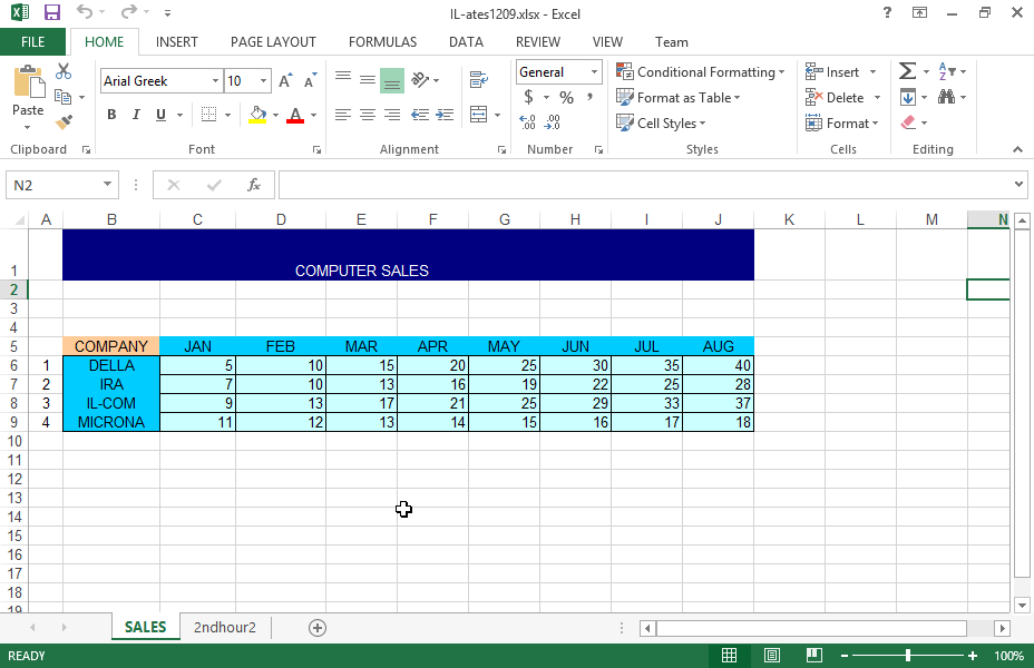 Change the zoom of the 2ndhour2 worksheet to 25% and the zoom of the SALES worksheet to 50%.