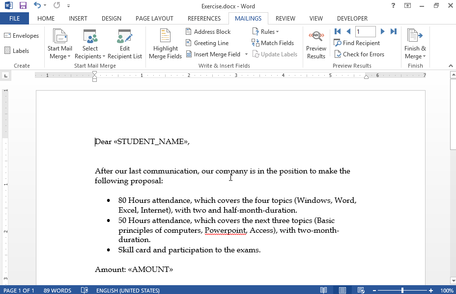 Complete mail merge on a new document and save it as new_students at the IL-ates\Files folder on your desktop. 
Letters are only addressed to those who aren’t clients yet and display a value after 01/10/1980 in the field DATE.