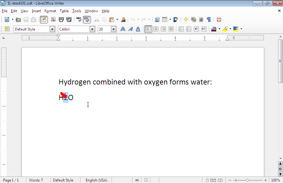 Convert the character 2 from H2O to a subscript.