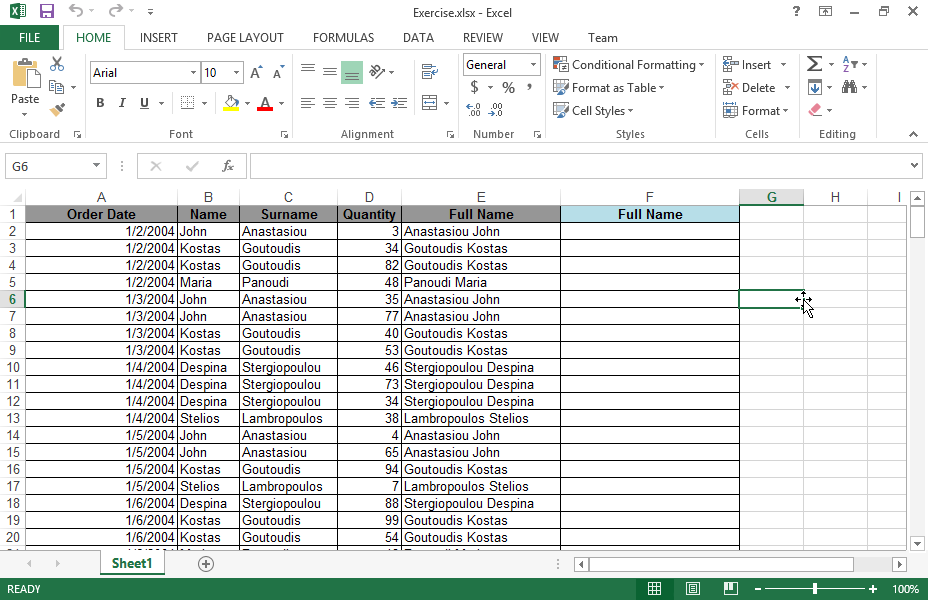 Copy the full names of the clients to the cell range F2:F201 without copying the functions.