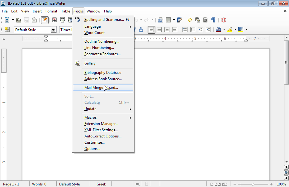 Create a Letter with Mail Merging which will have the salutation Dear mr. and the surname of the recipient for men and the salutation Dear mrs. and the surname of the recipient for women. Use as address list the file names.ods of the folder IL-ates\LO_Writer of the desktop. Save the final document with name Letter to the folder IL-ates\LO_Writer of your desktop.