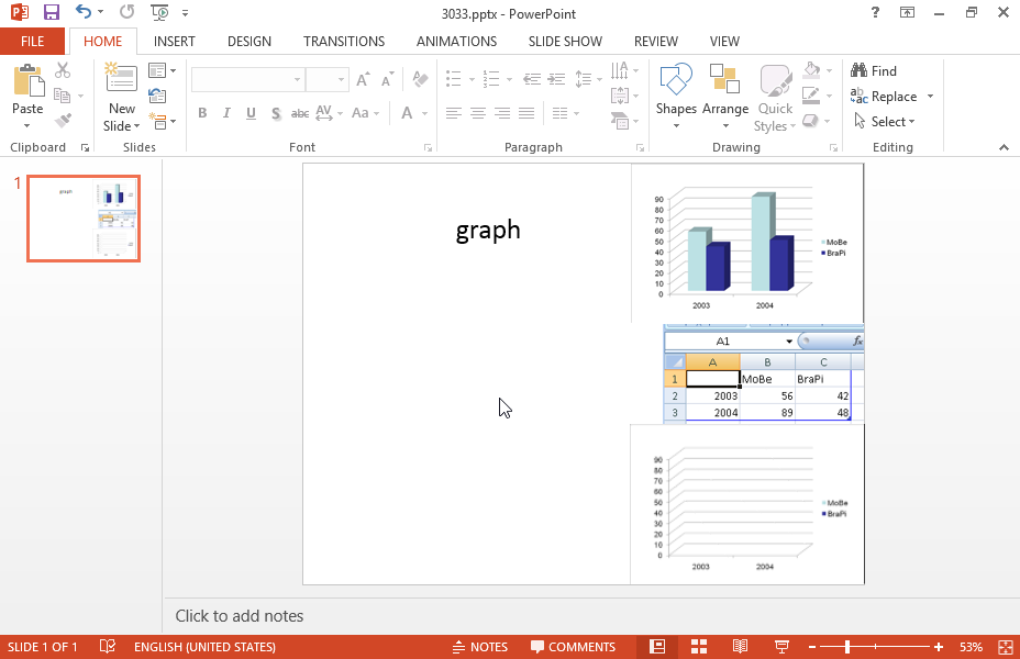 Create a chart similar to the one displayed at the top right photo. Then apply vertical blinds entrance effect advancing on a mouse click at a medium duration (2 seconds). Apply chart grouping by element in Category as in the chart which appears at the bottom-right.