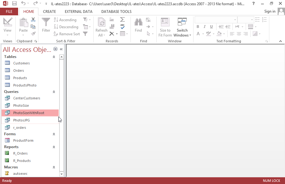 Create a new crosstab query named mymap based on the r_orders query that will display the Description field as row heading, the Surname field as column heading and the sum of values in the TotalValue field named sum1.
Apply sorting by Description in ascending order.